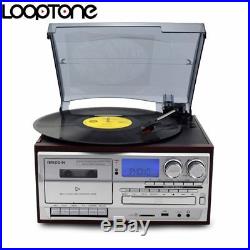 3 Speed Bluetooth Vinyl Record Player Vintage Turntable CD&Cassette Player AM/FM