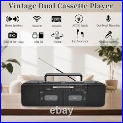 Retro Boombox Dual Cassette Player, Bluetooth, 7200mAh Battery, 4-Band Radio, MP