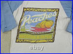VINTAGE Peaches Shirt Womens Small White Blue Records Cassettes Raglan Ladies