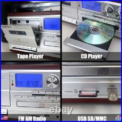 Vintage 10-in-1 Vinyl Record Player, Bluetooth, CD, Cassette, AM/FM, USB, Silver Vintage 10-in-1 Vinyl Record Player, Bluetooth, CD, Cassette, AM/FM, USB, Silver