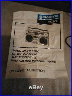 Vintage SANYO M9860 Stereo Boombox AM/FM Dolby Stereo Cassette Recorder WithManual