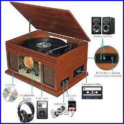Vintage Wooden Turntable Retro Vinyl CD Record Cassette USB MP3 Player