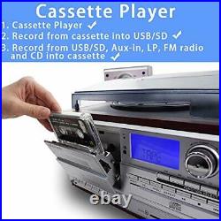 Vinyl Record Player 9 1 3 Speed Bluetooth Vintage Turntable CD Cassette AM/FM