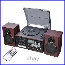 Wireless Stereo Record Player System Vintage Turntable 3-Speed AM/FM CD Cassette